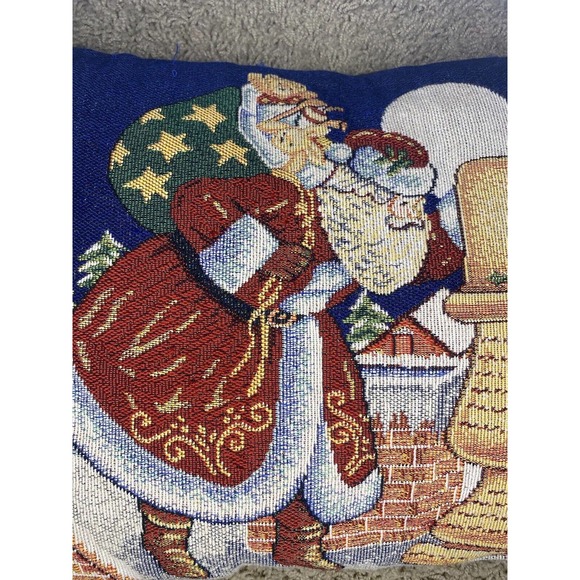 Santa Claus Tapestry Pillow - on roof checking list with bag of toys ~ 17" x 11" - Picture 2 of 9